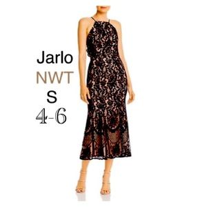 NWT (4-6) JARLO all over lace cut out black pink-tan keyhole open back maxi luxe
